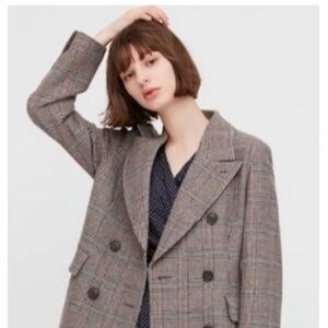 Ines de la Fressange X Uniqlo Plaid Wool Blend Double-Breasted Coat